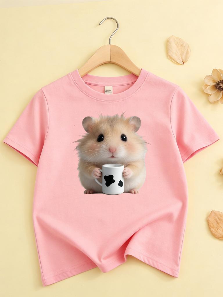 2026 Summer Girls Round Neck Tshirt Casual Pure Cotton Top with Hamster Print Cute and Unique Short Sleeves Girl Clothes