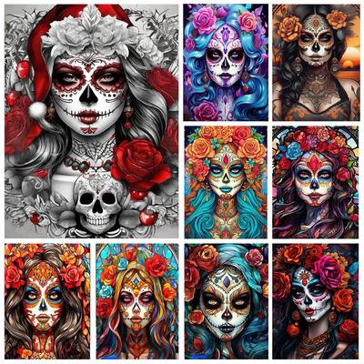 Mexická Catrina Cukrová Lebka Dívka Diamantová Malba pro Dospělé, Den Mrtvých Obrázek z Kamínků Gotická Žena DIY Nástěnné Umění