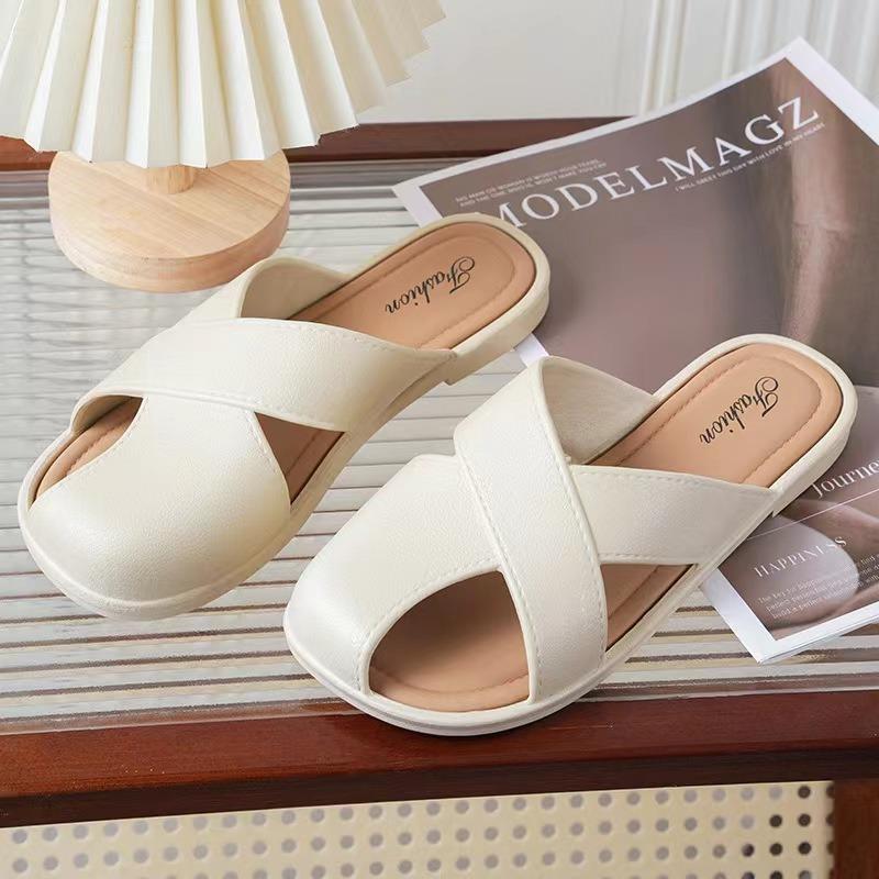 Hollow Flat Bottom Soft Bottom Bag Head Half Slippers Female Summer Round Head Lazy Drag Female Shoes Wearing Sandals Female