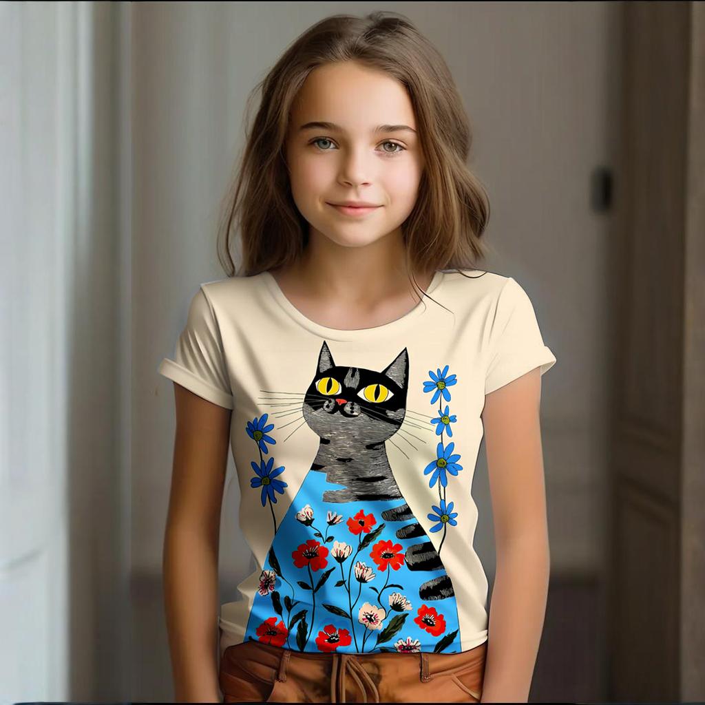 Girl Clothes Summer Cartoon Cat Graphic Children's Clothing Kids Art Doodling Short Sleeve T Shirt Causal O-Neck Children Top