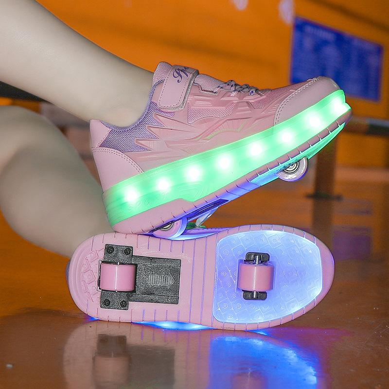Direct sales double wheel runaway shoes children runaway shoes shrink girls boys roller skates charging flash skates