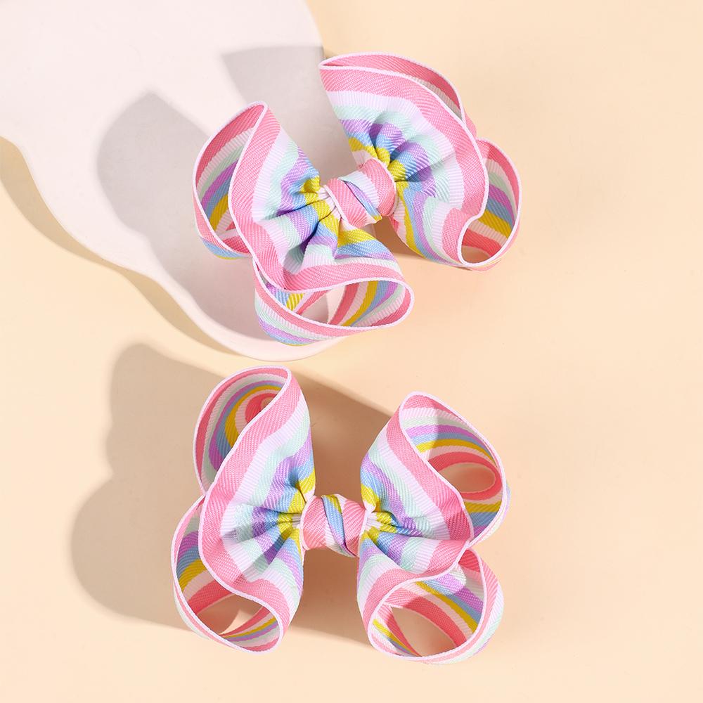 2Pcs Striped Bow Hair Clips Rainbow Ribbon Hairpin Colorful Barrette For Girls Children Popular School Headdress Accesories Gift