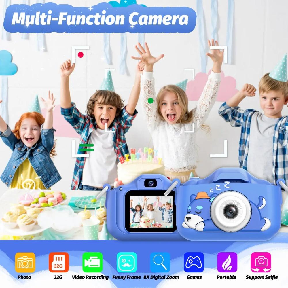 Blaue Hund Kinderkamera 1080P HD Digitalkamera 2,0" Dual-Objektiv Selfie-Videokamera mit Spielen Geburtstagsgeschenk Spielzeug für Jungen