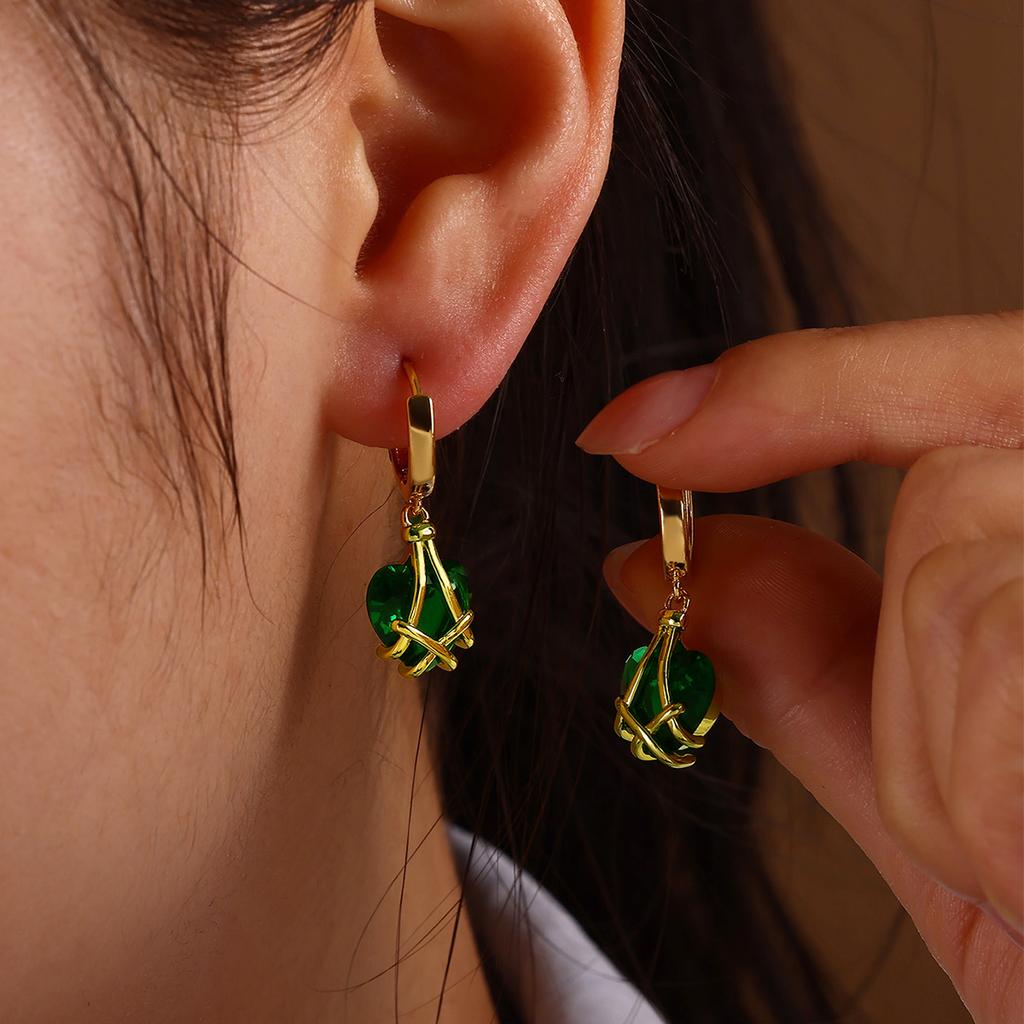 Emerald Green Heart Dangle Hoop Earrings For Women 18-K Gold Plated Love Huggies Earring Jewelry Elegant Party Cute New Gifts