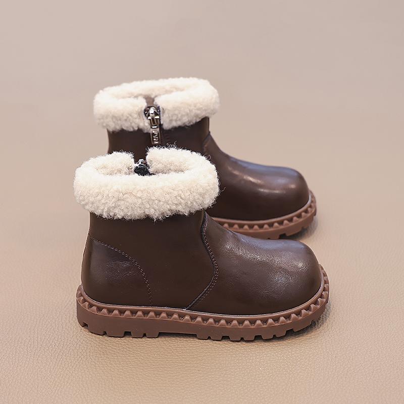 Girls Boys Kid's Winter Hightop Leather Cotton Boots Keep Warm Chelsea Snow Bootie Children's Hightcut Platform Shoes with Plush