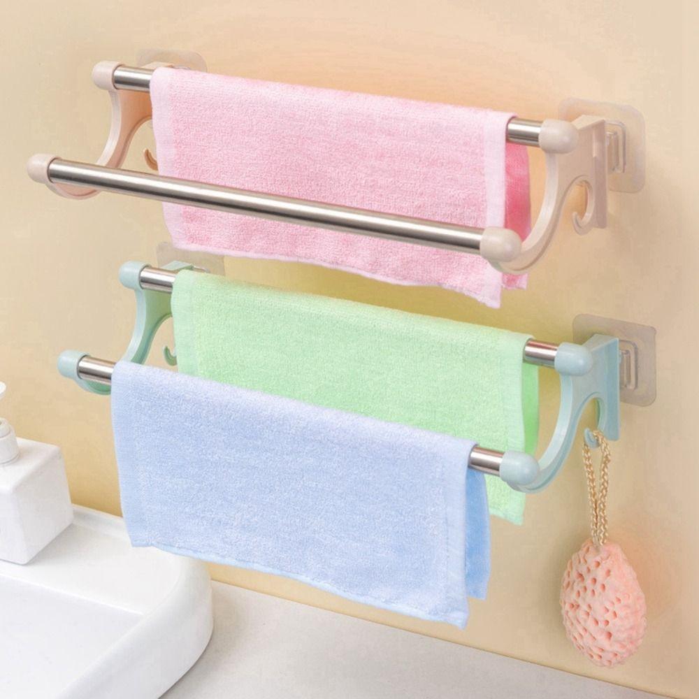 Punch-free Towel Rack Wall Mounted Towel Storage Shelf Multifunctional Double Rod Towel Bar  Toilet