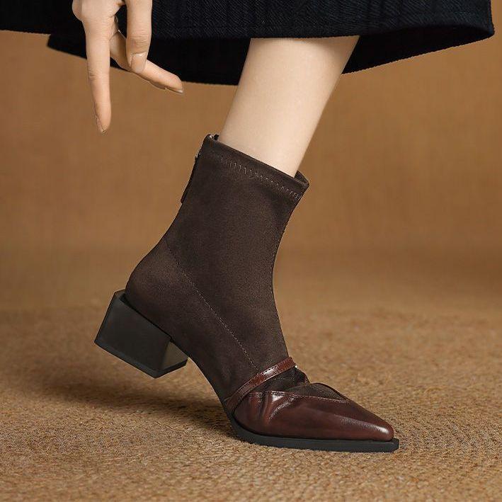 Niche Design Versatile Feeling Beautiful Pointed Short Boots 2025 Autumn and Winter New Elastic Thin Boots Thick Heel Women's Boots