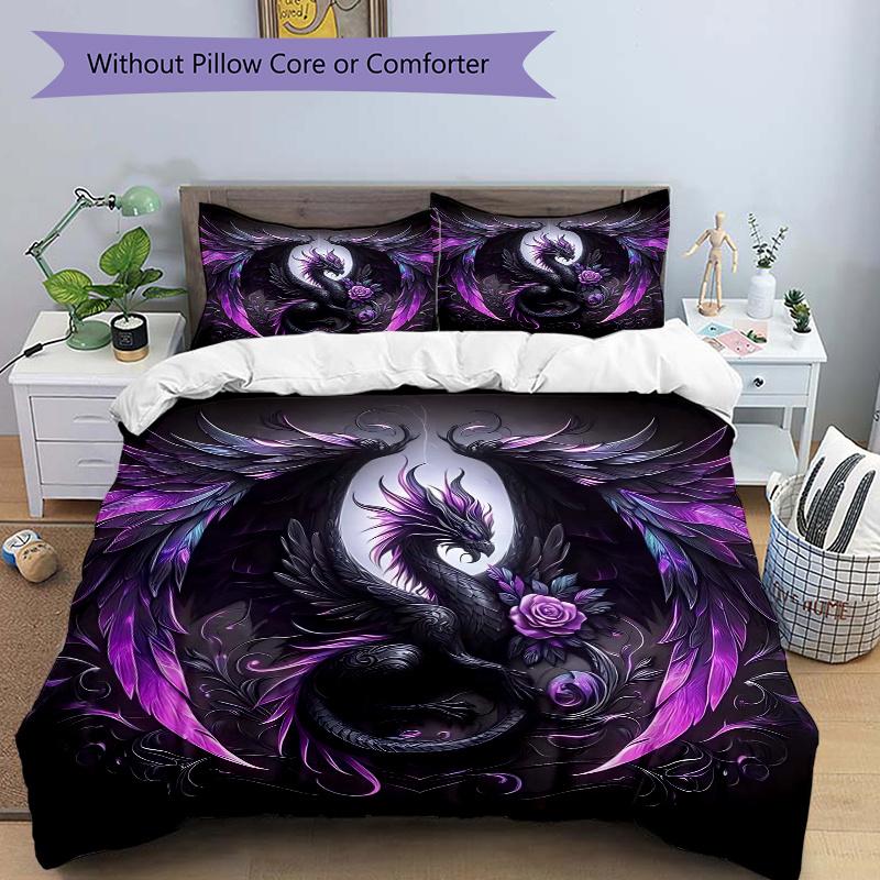 3pcs Purple and Black Dragon Print Cover Set Ultra Soft, Breathable, and Comfortable Bedding with Stylish Design for Bedroom and