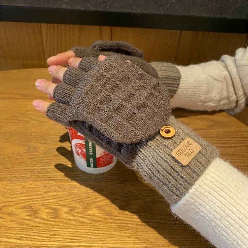 Warm gloves women's autumn and winter camel wool knitted outdoor antifreeze velvet thickened cute