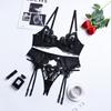 Women's Mesh Embroidery  Outfits Sexy Low Cut Bra with Thong Garters Belt Babydoll Sleepwear Ladies Exotic Sets