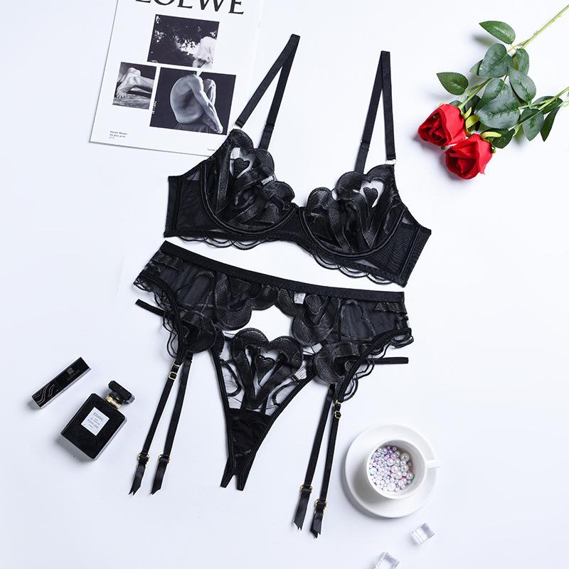 Women's Mesh Embroidery  Outfits Sexy Low Cut Bra with Thong Garters Belt Babydoll Sleepwear Ladies Exotic Sets