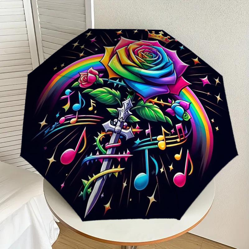 

1pc Rainbow Rose with Crown and Music Notes Umbrella with Plastic Handle,Suitable for All Seasons Home Travel Outdoor UmbrellaDD1796