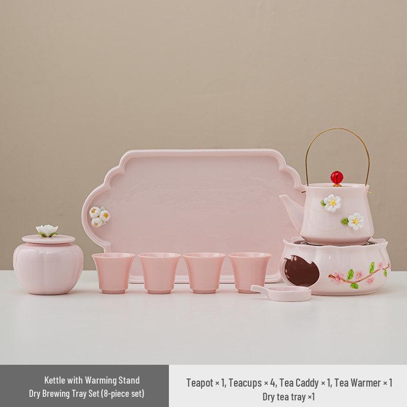 Women's Pink Ceramic Gongfu Tea Set with Teacup, Saucer, and Floral Handle Pot