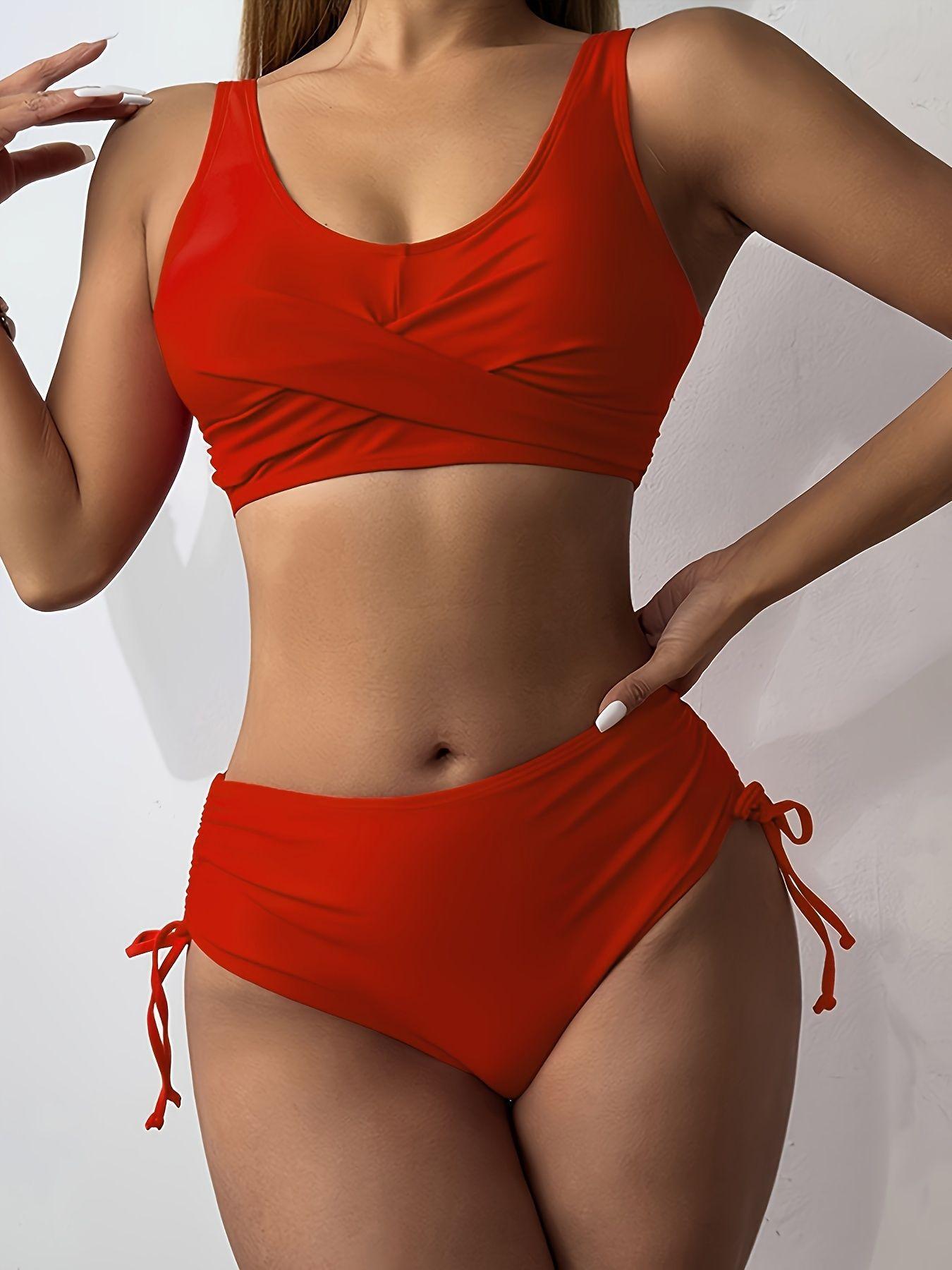 

Купальник раздельный бикини однотонный с перекрестными бретелями купальник с высокой талией сексуальный S красный