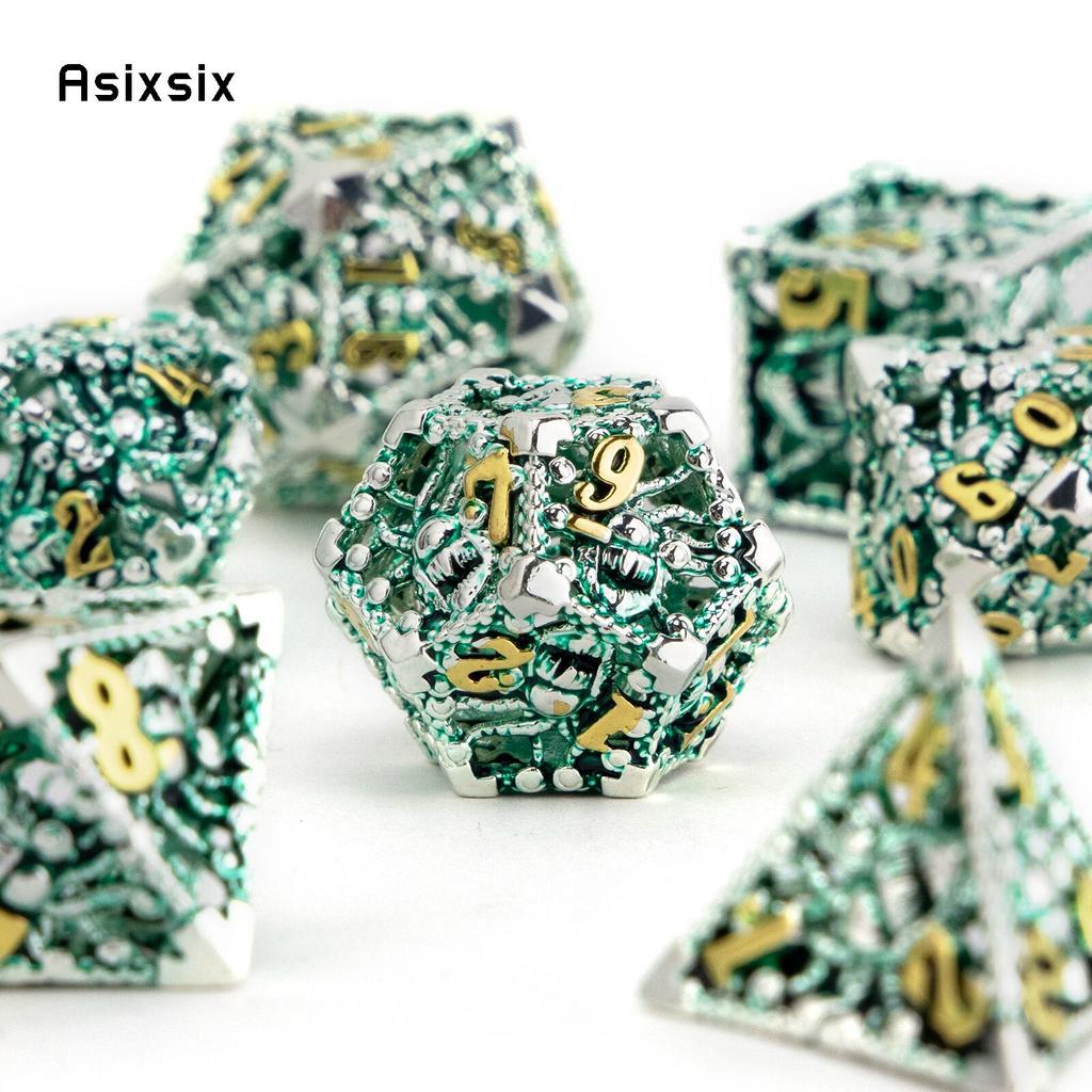 7 Pcs Silver Green Octopus Metal Dice Hollow Metal Polyhedral Dice Set Suitable for Role-Playing RPG  Board Game Card Game