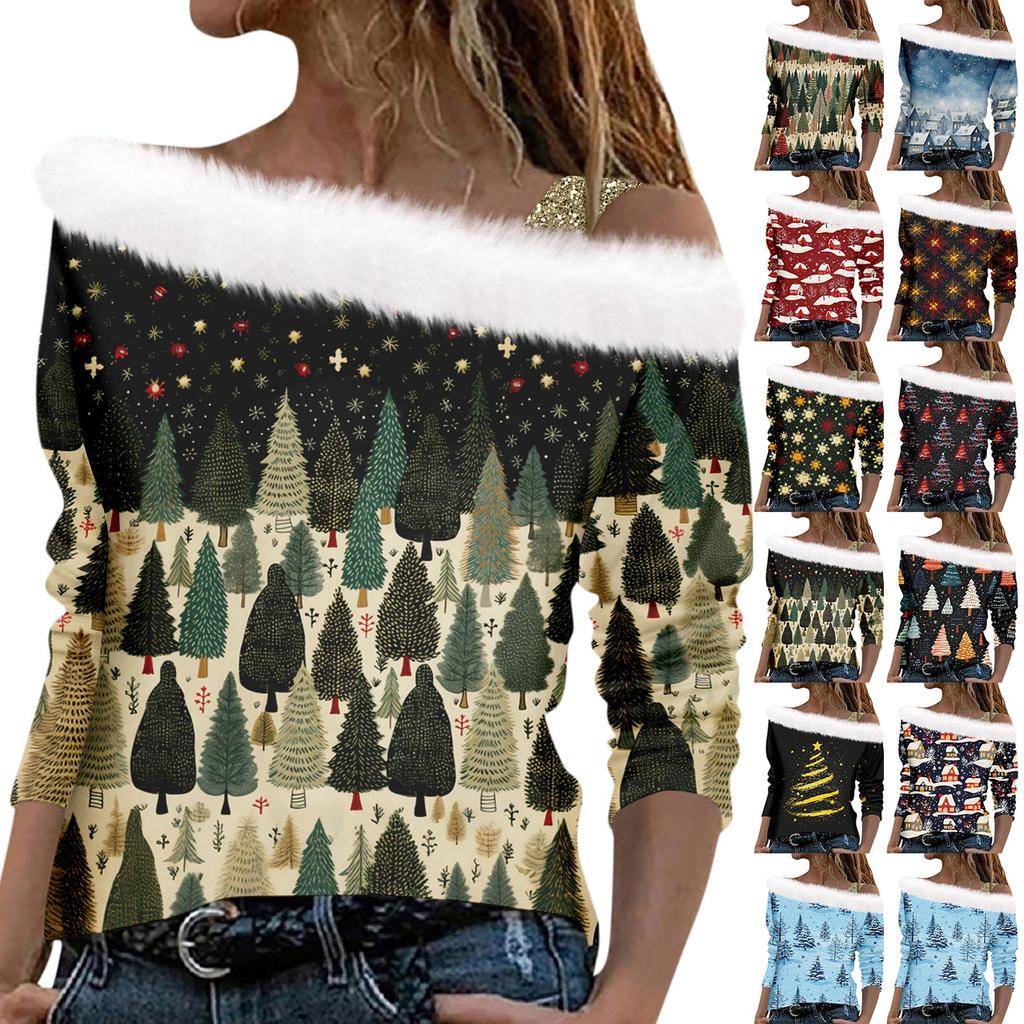 Women's And Winter Long Sleeved Single Shoulder Strap Christmas Print Pullover Top