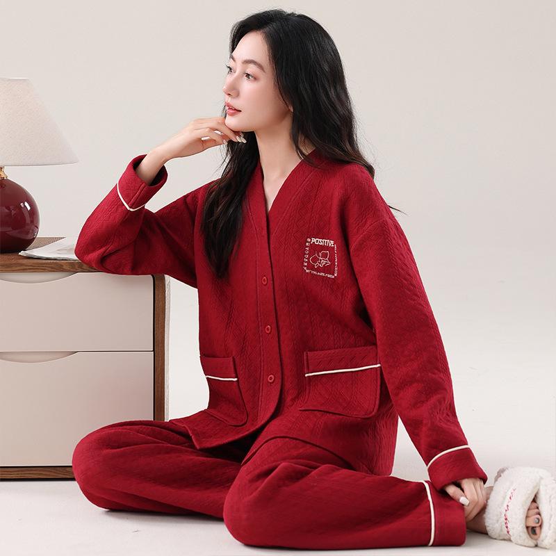 Pajamas Women'S Autumn And Winter Thickened Pure Cotton Long-Sleeved Sandwich Air Cotton Large-Size Warm Loungewear Set