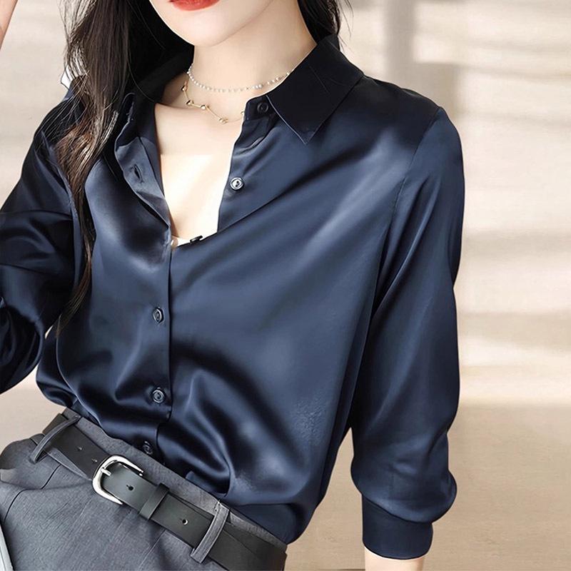 Women's Satin Shirt Autumn New Interview Shirt Light Workplace Commuting Shirt Top Olive Green Shirt
