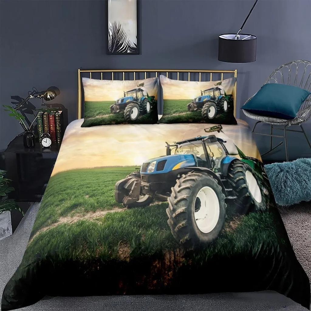 Retro Tractor King Queen Duvet Cover Automotive Bedding Set Engineering Vehicle Quilt Cover Farm Tool Cart 3D Polyester Quilt Cover