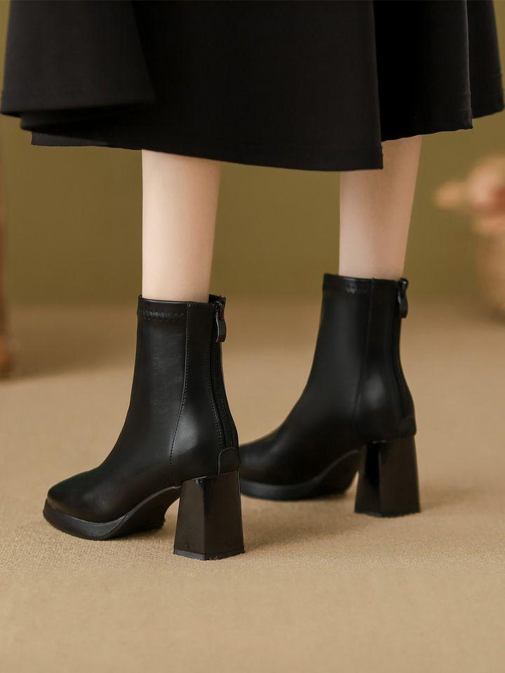 White high-heeled thin boots women's autumn 2025 new waterproof table French short boots square head small Martin boots