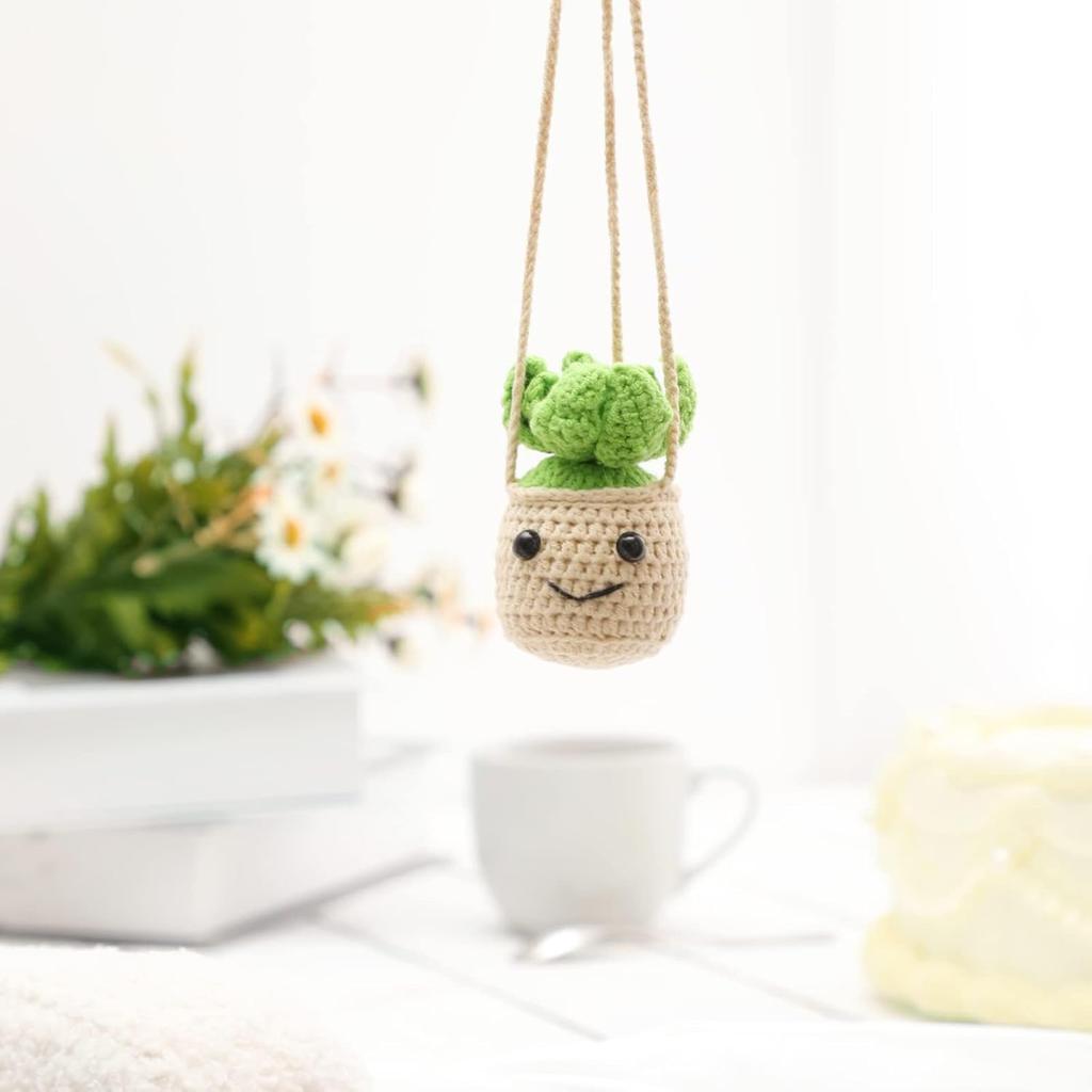 Vansolinne Crochet Car Mirror Hanging Accessories Cute Plant Basket for Rearview Mirror Hanger Decor Car Charm Interior Aesthetic Plant Lovers Gifts