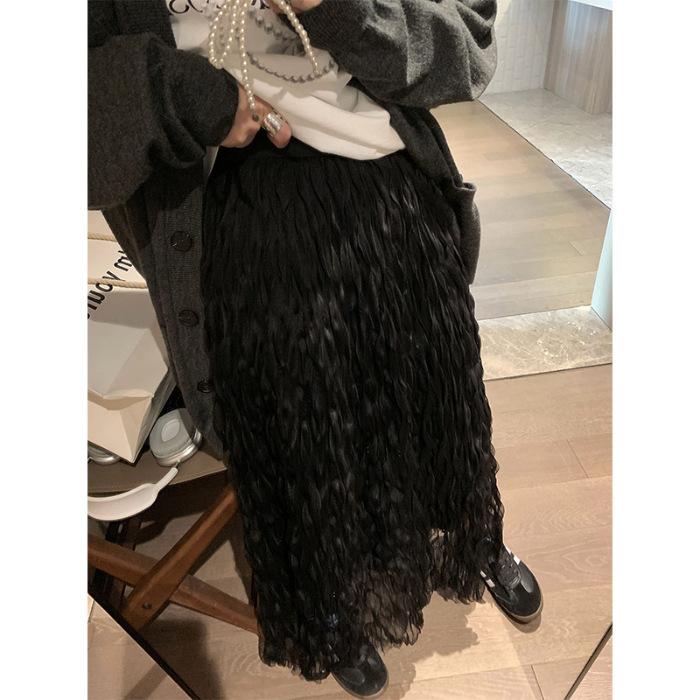 

[Original practice] Heavy industry design sense pleated mesh skirt female summer high waist thin A word fairy long XL чорний