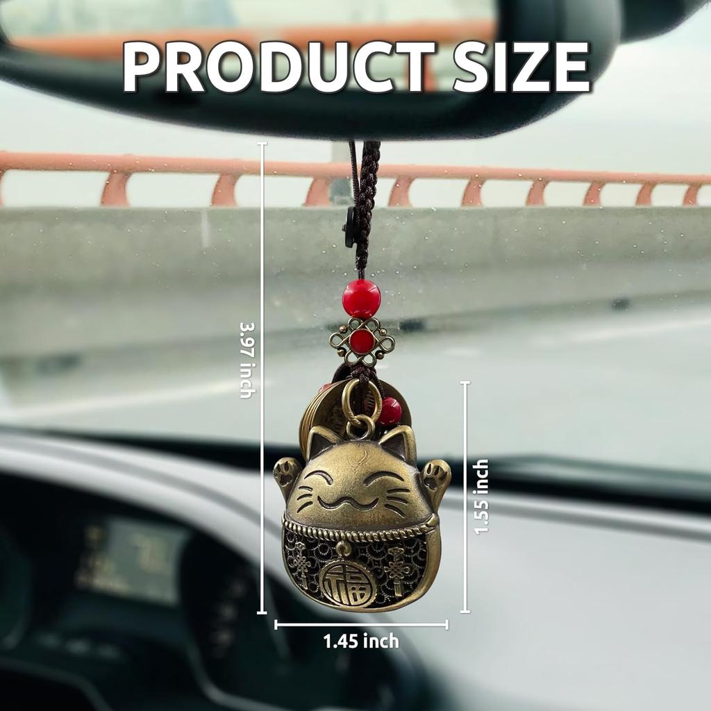 Lucky Cat Rearview Mirror Pendant with Five Emperors Feng Shui Co, Brass Maneki Neko Charm for Good Luck and Wealth, Tassel Hanging Decoration, Car