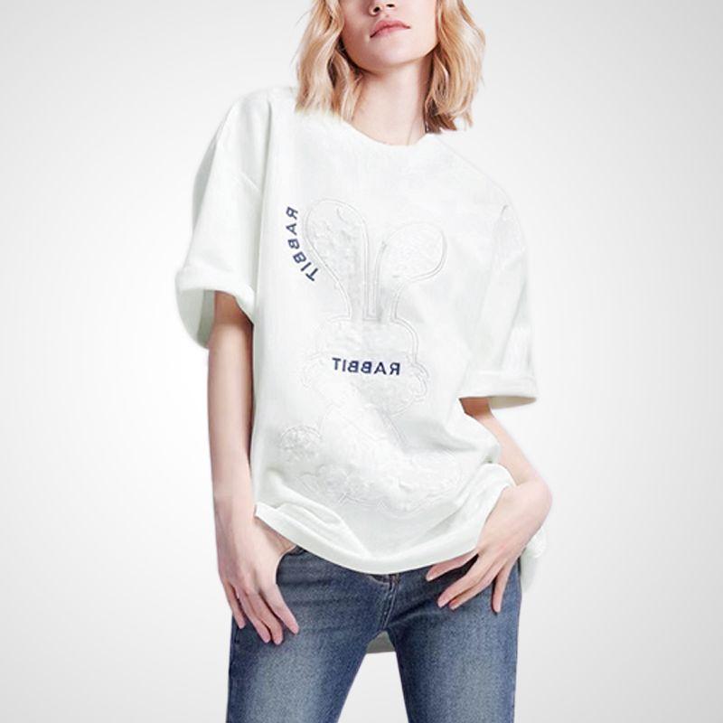 

Age-Reducing Stylish Casual Lace Rabbit Short-Sleeved T-shirt White 2XL