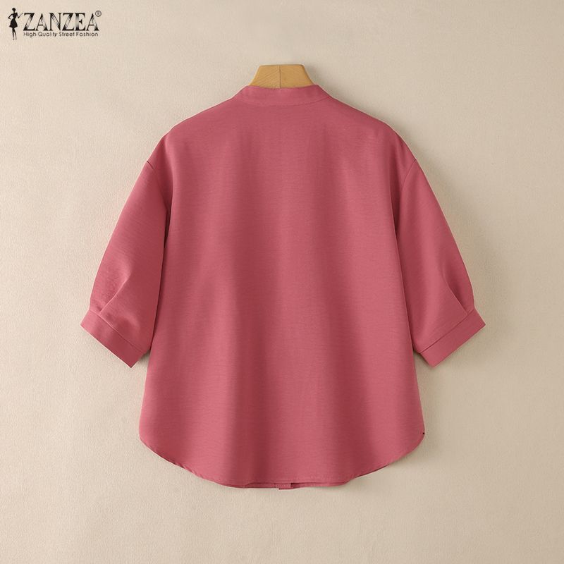 ZANZEA Women Casual Stand Collar Solid Color Half Sleeve Blouse