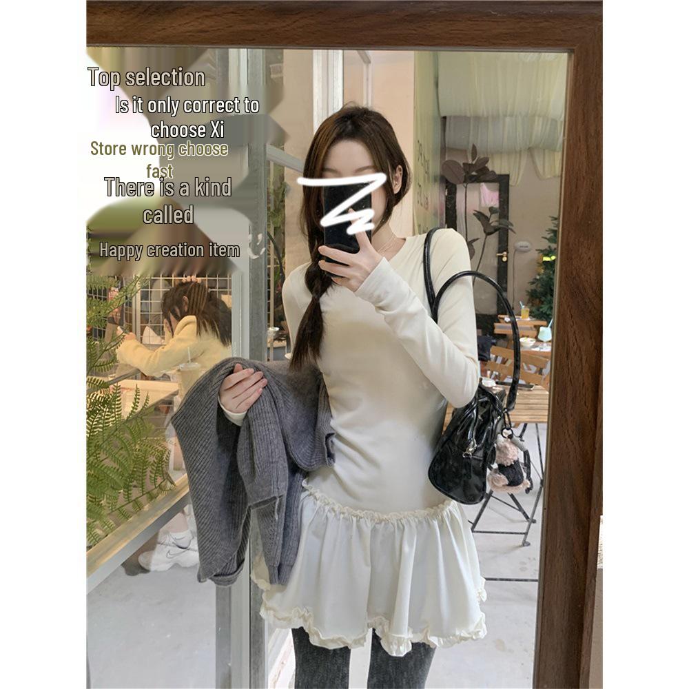 DeRong 2025 Autumn/Winter Women's Lace Trim Slim Fit Long Sleeve T-shirt