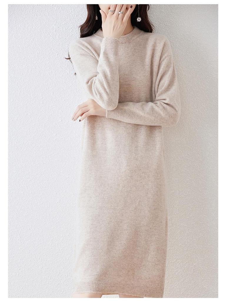 Women's Long Wool Knitted Dress - Over-the-Knee, Semi-High Neck, Loose Fit for Autumn/Winter