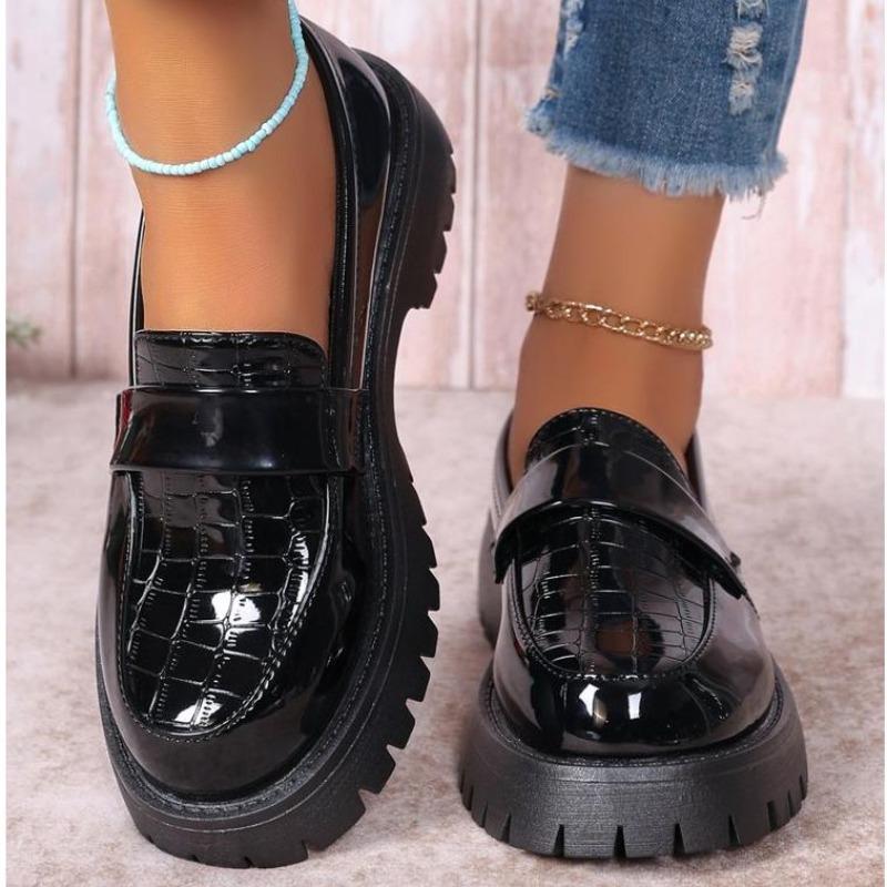 New Women's Black Chunky Platform Loafers Thick Sole Slip on Casual Shoes Woman Black Patent Leather Jk Uniform Shoes