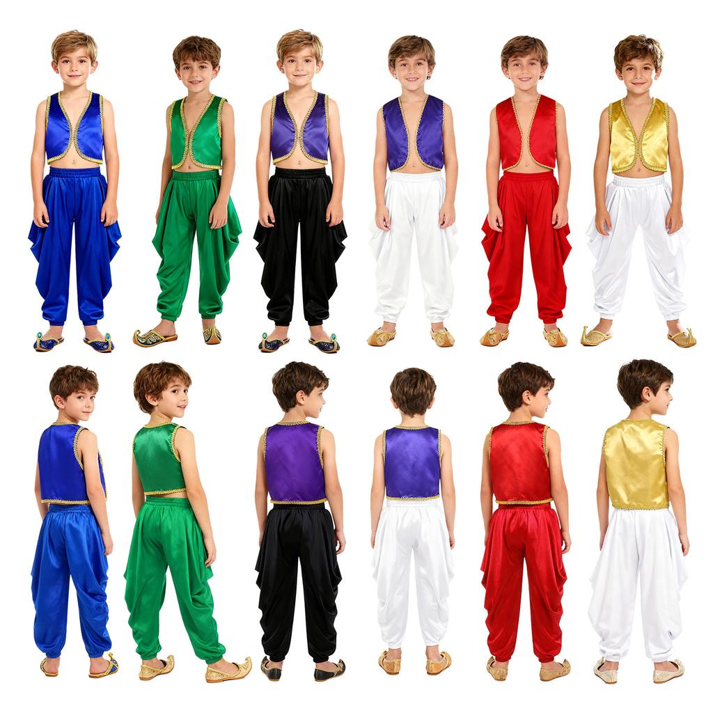 Kinder 2-teilige arabische traditionelle Kleidung Offene Weste mit goldenem Besatz und lockere Hose mit elastischem Bund für Karneval Kostüm