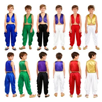 Ensemble 2 Pièces Vêtement Traditionnel Arabe Gilet Ouvert Doré et Pantalon Large Ceinture Élastique pour Déguisement Carnaval