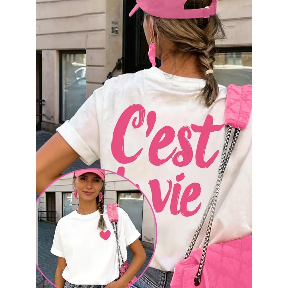 C'est La Vie Heart Graphic T-Shirt, Women's T-shirt with Retro French Letter Print Front & Back , Spring Summer Daily Wear