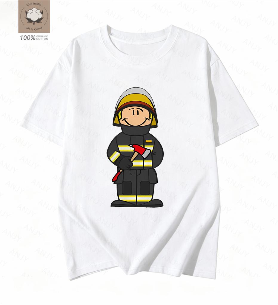 Simple Cartoon Firefighter Printed Tshirt Pays Tribute To The Daily Commuting Short Sleeved Reverse Traveler