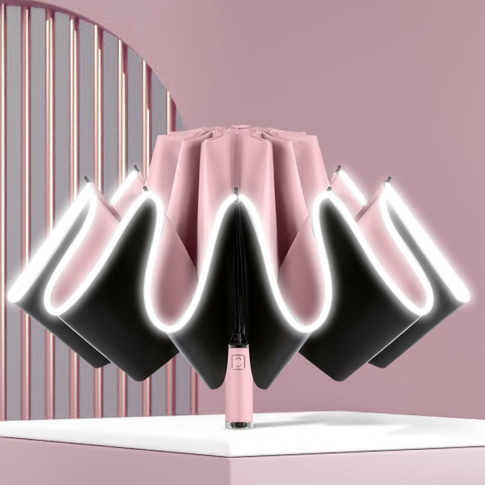

Vinyl Automatic Umbrella Reflective Stripe Three Fold Umbrella Folding Umbrella for Outdoor рожевий