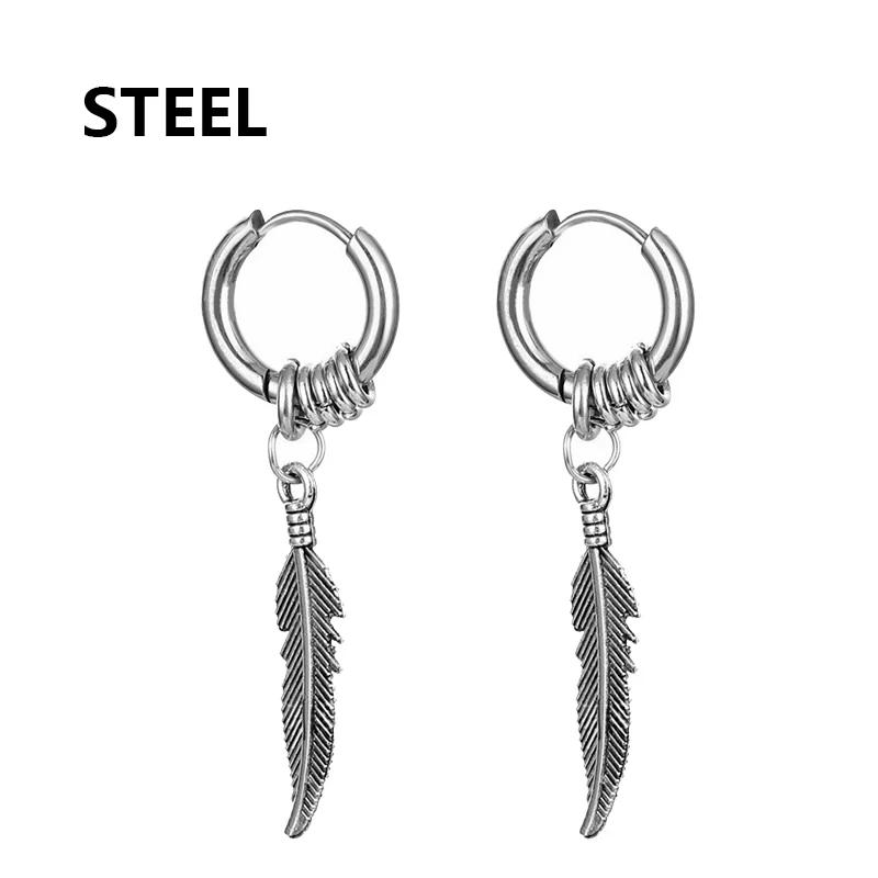 Fashion Stainless Steel Clip Earrings Feather High Quality Creative Simple For Men Women Classical Hip Hop Music