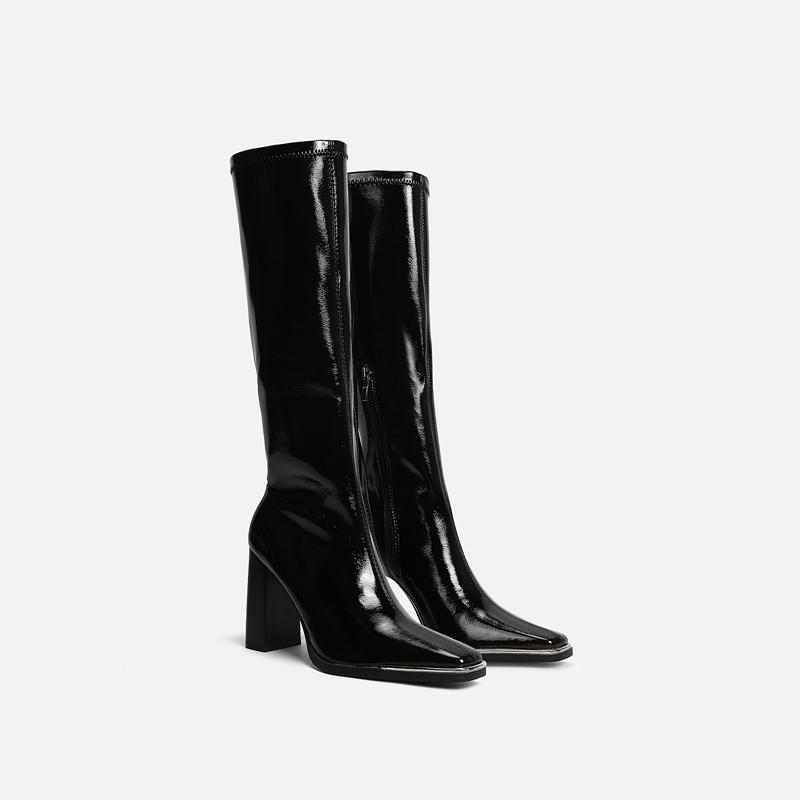 

High Heel Leather Shoes Fashion Metal Square Toe Side Zipper Anti-Slip Wear-Resistant Tall Boots 39