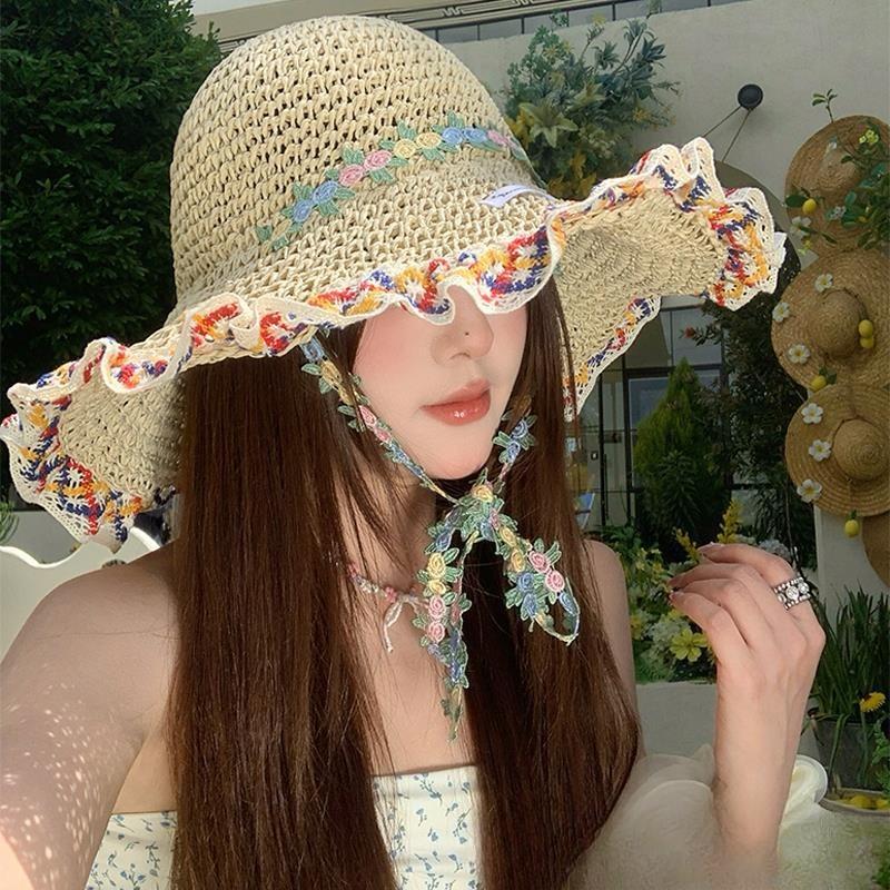 Ethnic Style Big Brim Straw Hat Women's Summer Seaside Vacation Beach Hat Sunshade Sunscreen Bucket Hat Straw Sun Hat