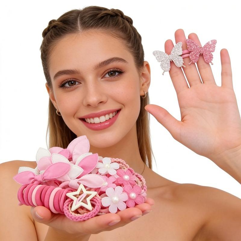 Fashion Hair Accessories Set, Glitter Bow Clips Star Clips Floral Hair Ties Non-Damaging Elastic Bands Tie Clips, High-Value Multi-Purpose Portable