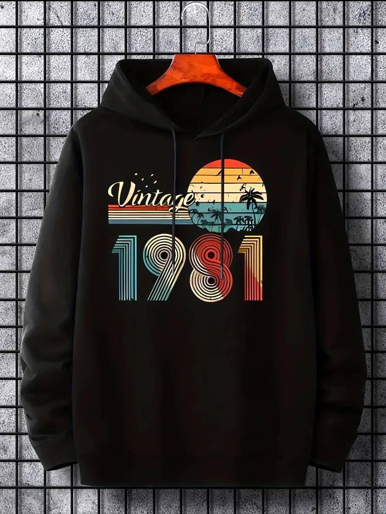 Men Fleece Hoodie Vintage Gradient 1981 Cursive Vintage Sunset Palm Tree Seagull Chest Print Black Casual Pullover