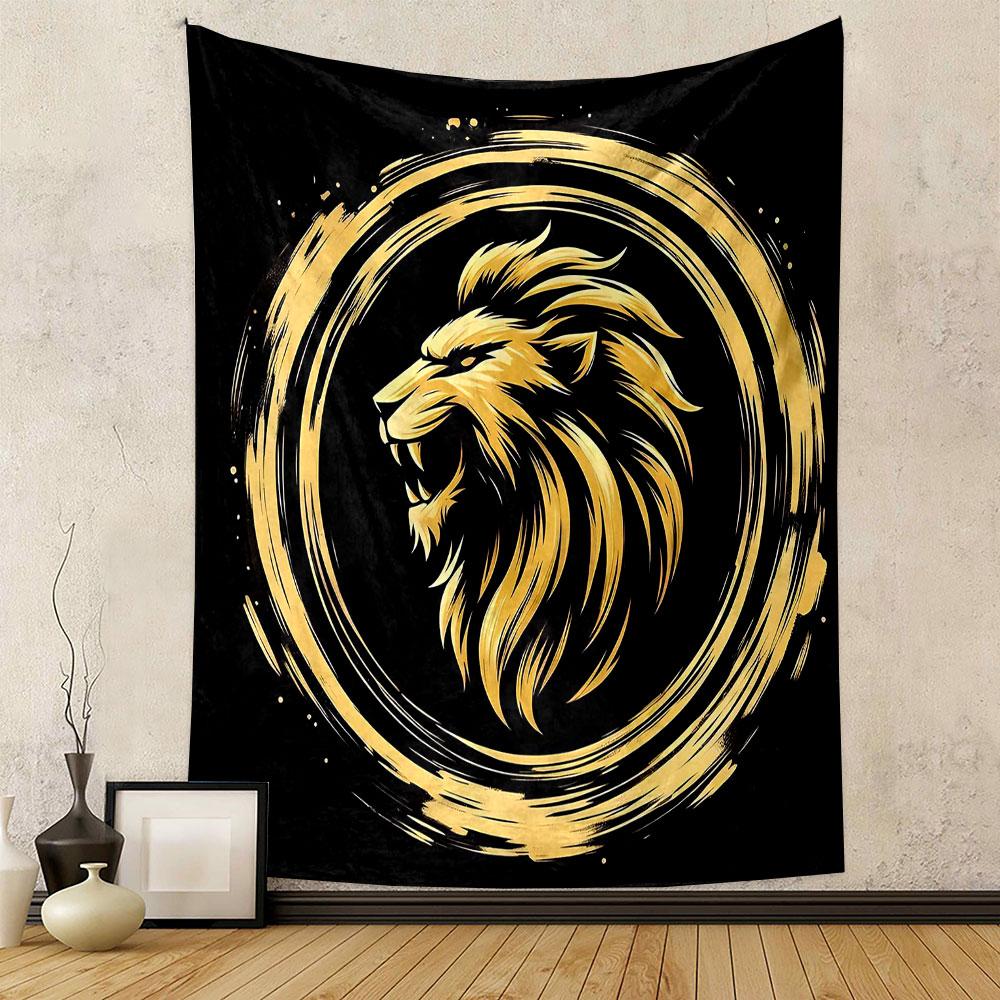 Golden Lion Head in Circular Design Patterned Tapestry Decorative Wall Hanging, Home Bedroom Living Room Decor