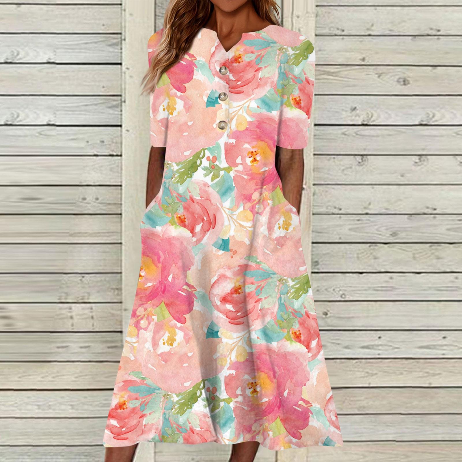 

Женское летнее повседневное свободное платье с v-образным вырезом и короткими рукавами с принтом XXL розовый