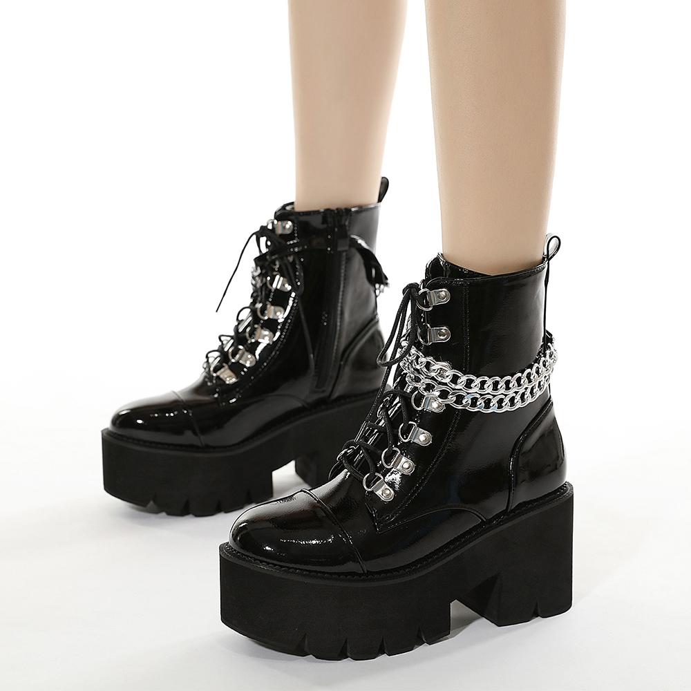 Gothic Black Boots for Women Sexy Chain Chunky Heel Platform Boots Female Punk Style Ankle Boots Zipper