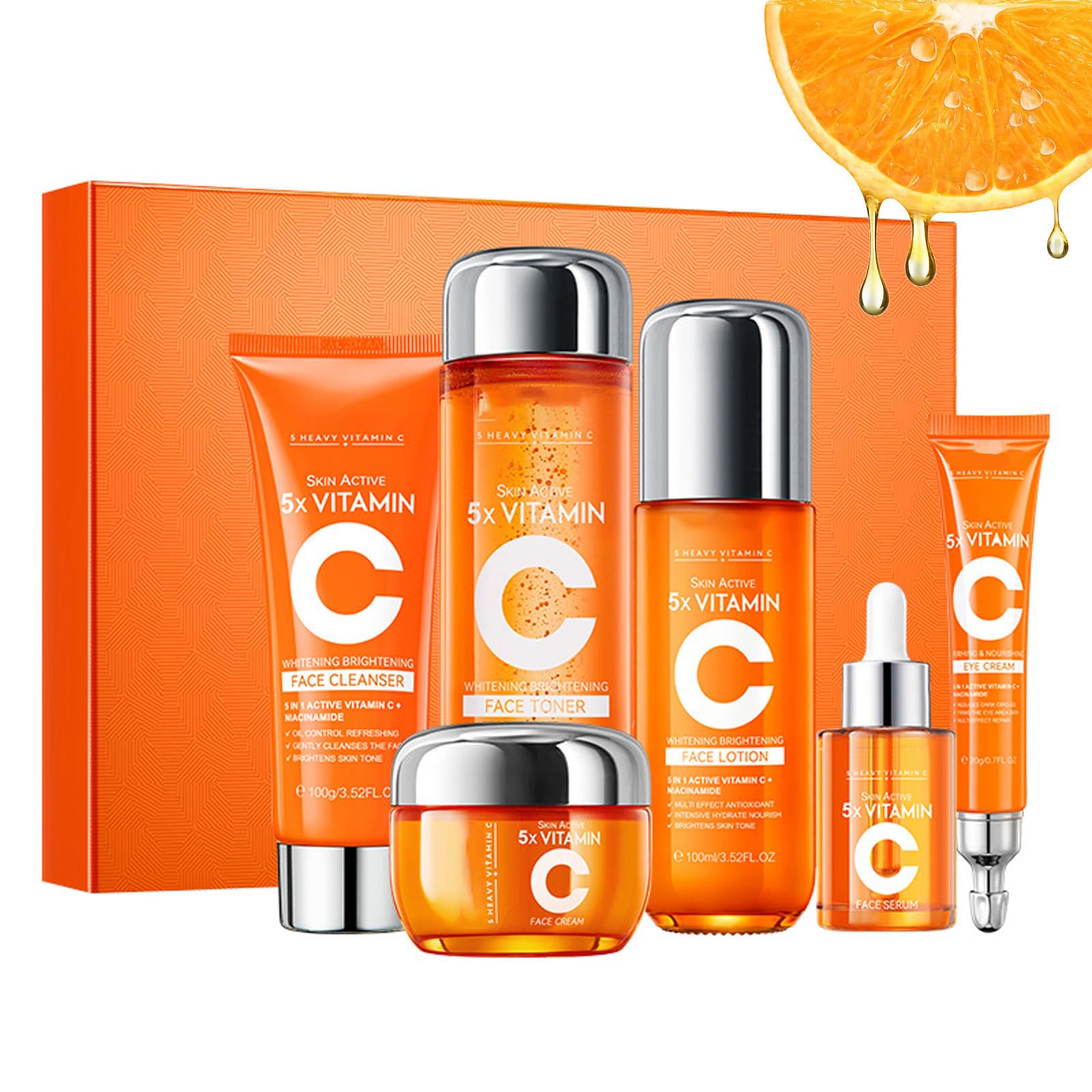 

Набір для догляду за шкірою з вітаміном С, 6-в-1 набір для догляду за шкірою, засіб для вмивання, тонік, сироватка, зволожуючий крем, крем для повік і лосьйон для тіла, проти старіння, проти зморшок жовтий