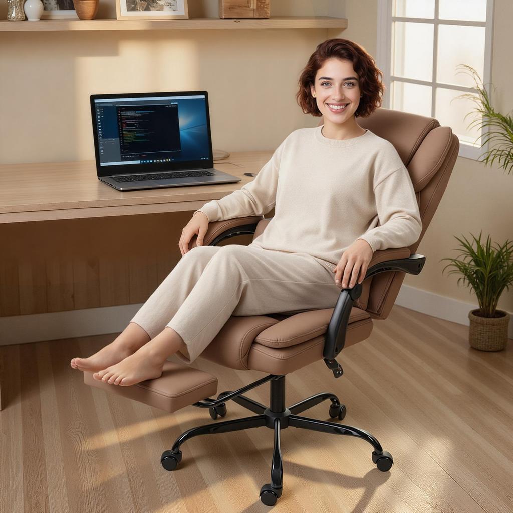 Office Chair with Cat Paw Leather Upholstery, Footrest, Height-Adjustable, Rollable, Brown