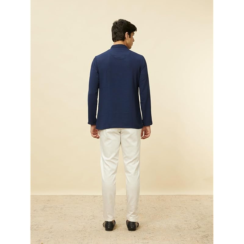 Manyavar Mens Blue Art Silk Solid Short Kurtas L синий