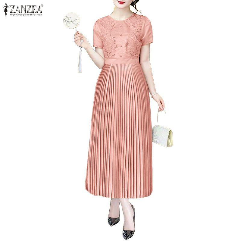 ZANZEA Women Casual Round Neck Short Sleeve Lace Crochet Patchwork Dress