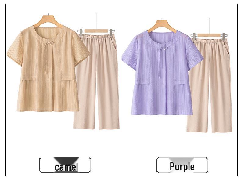 Tencel Kurzarm Oberteil im chinesischen Stil für Frauen mittleren Alters - 2025 Sommer Zweiteiler